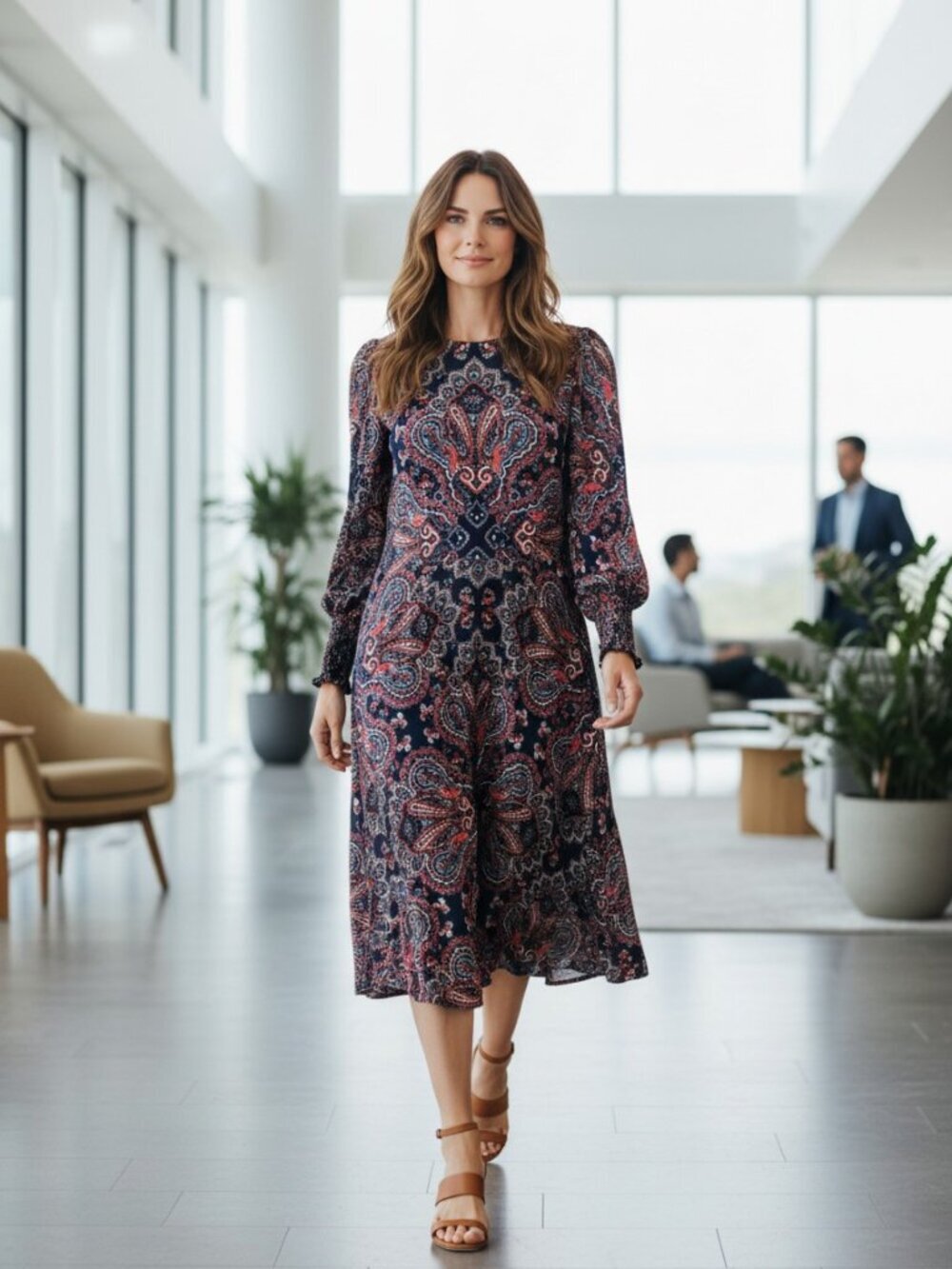 Boden Navy Paisley Long-Sleeve Midi Dress with Red & Light Blue Accents, Size 8